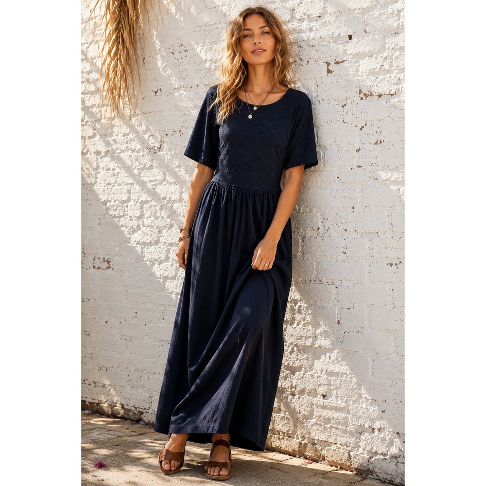 Vintage Bobbie Brooks Navy Cotton Embroidered Maxi Dress Cottagecore Size M 8/10